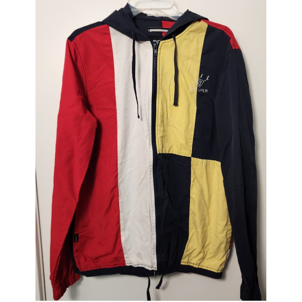 RCVA Windbreaker Jacket Colorblock Nerd Life‎ Embroidered Cinch Waist Sm Retro